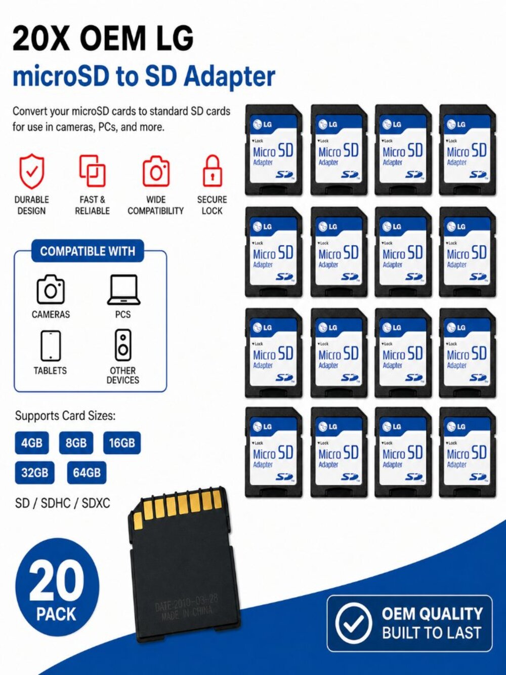 20 - OEM LG microSD micro SD to SD SDHC SDXC Adapter fit 4GB 8GB 16GB 32GB 64GB
